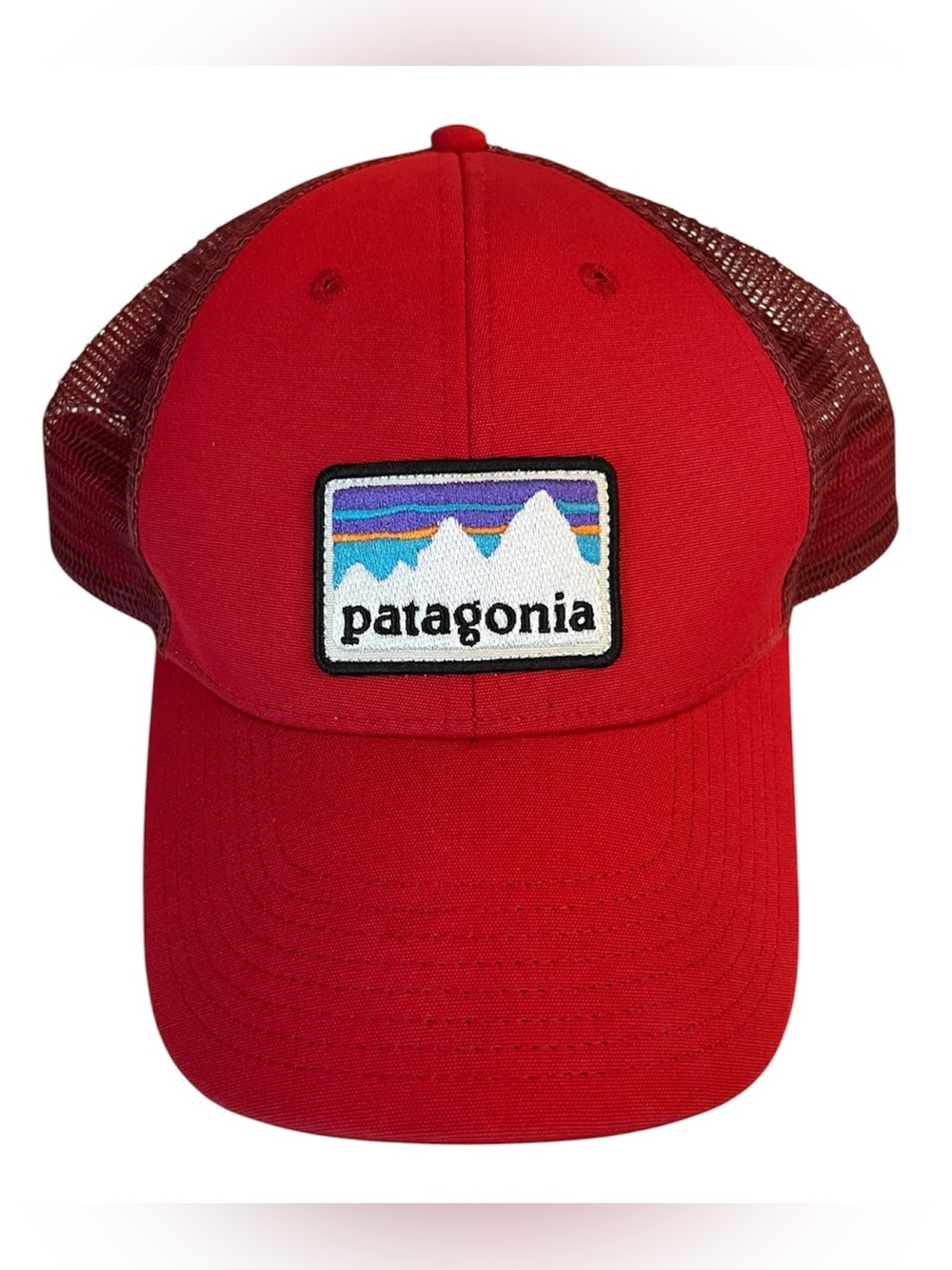 Patagonia Shop Sticker Patch LoPro Trucker Snapback Hat In Bright Red Mesh GUC
